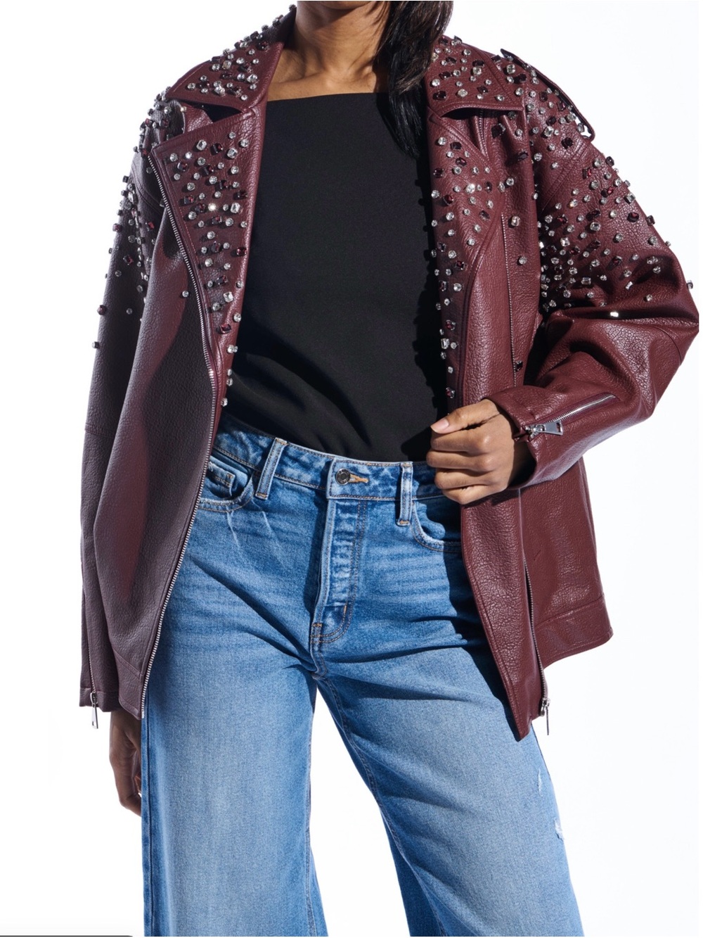 NWT Azalea Wang Catrine Burgundy Rhinestone Embellished Moto Jacket L